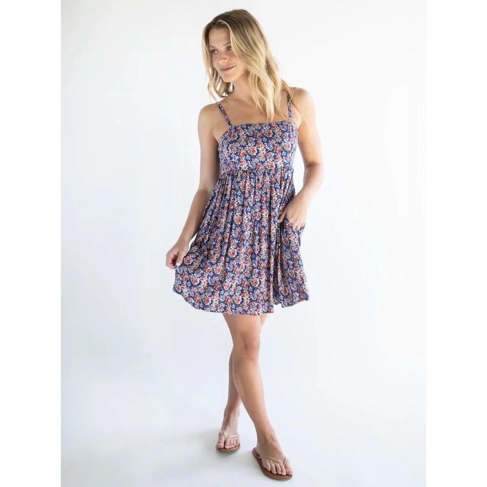 NATURAL LIFE Navy Floral Smocked Midi Dress with Orange and White Accents